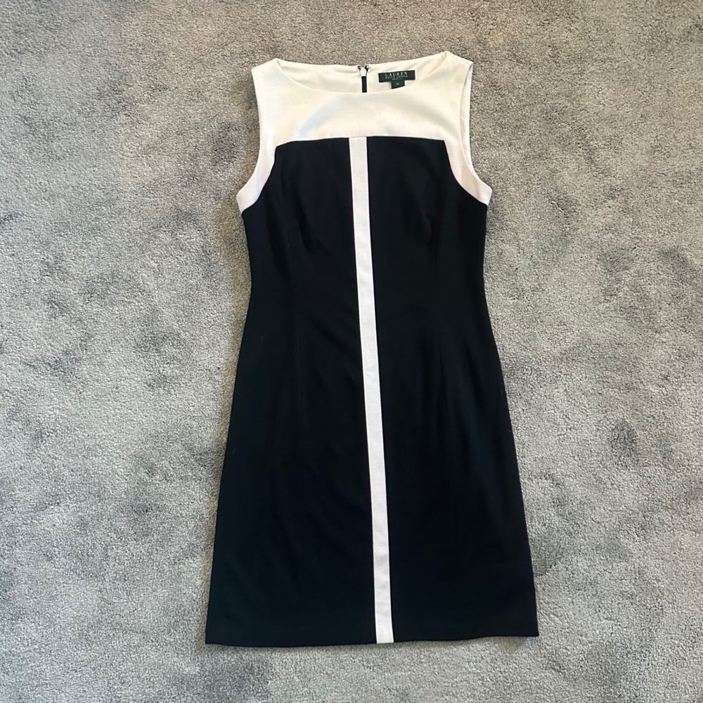 Lauren Ralph Lauren Dress Women 10 Black White Colorblock Sleeveless Sheath